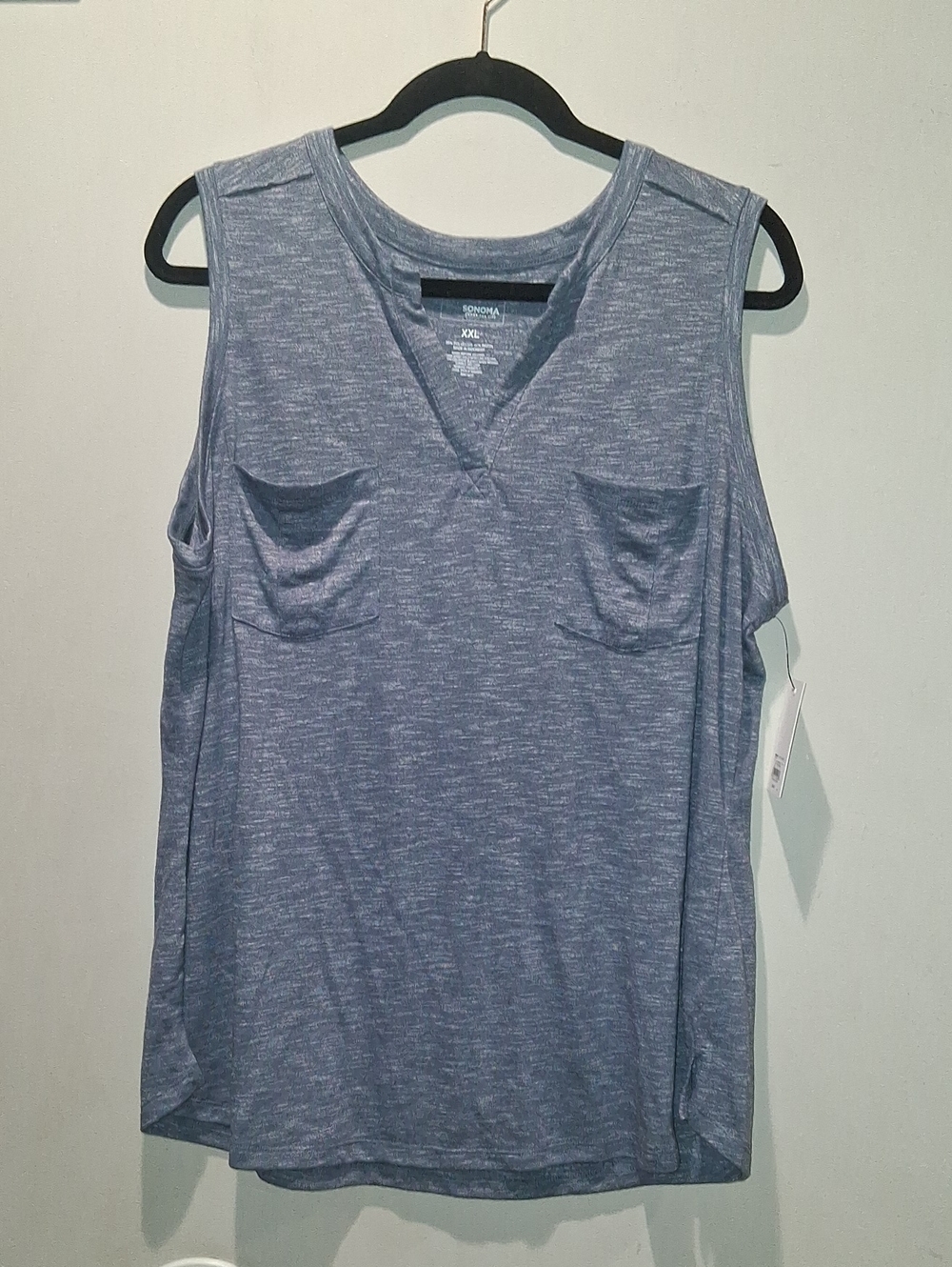 Sonoma Heather Slate Blue V-Neck Tank with Front Pockets